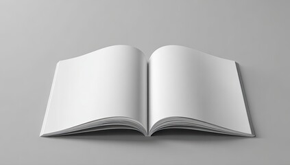 Open blank book on gray backdrop, empty pages ready for content, soft lighting