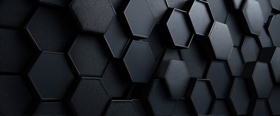 Dark geometric background with overlapping, textured, 3D hexagons