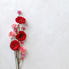 A floral arrangement of red and pink flowers on a textured white surface