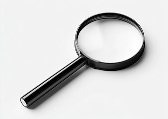 Black magnifying glass lying on a white surface, showing slight shadow