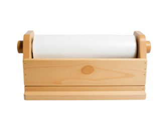 A wooden holder with a roll of toilet paper inside