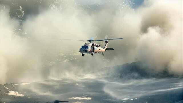 Helicopter takes off over desert terrain in clowds of dust