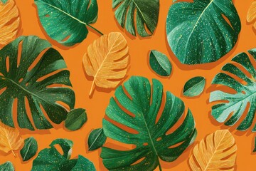 A vibrant pattern of tropical monstera leaves in green and gold against a warm orange backdrop