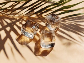 Transparent ice cubes cast shadows beneath a tropical leaf. Pale beige backdrop