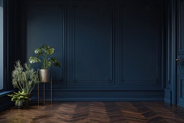 Sophisticated room with dark blue walls, plants, and herringbone wood floor