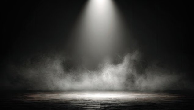 Spotlight shines on smoky floor, dark background, dramatic light effect