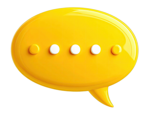 Glossy yellow speech bubble with three white dots, representing conversation