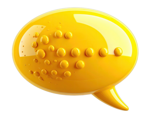 Glossy yellow speech bubble with protruding spherical shapes on a transparent background