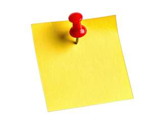 A square, yellow sticky note, fixed with a red pushpin on a transparent background