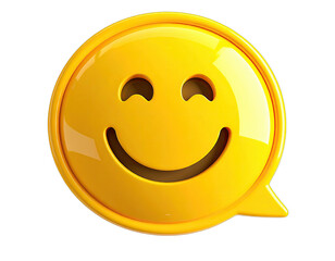 Glossy 3D smiling emoji inside a speech bubble, bright yellow with shadow, on black background