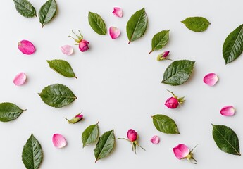 A symmetrical floral arrangement featuring pink rosebuds, petals, and green leaves on white