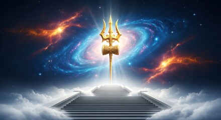 Fototapeta premium A radiant golden trident majestically ascends celestial stairs into a vibrant cosmic galaxy, emanating divine light and symbolizing spiritual power and universal enlightenment