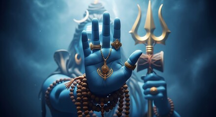 Mystical blue deity with protective hand gesture and sacred trident, embodying ancient wisdom and divine serenity in a spiritual light