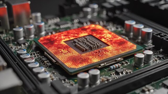Close Up of Computer Motherboard and Cpu, Burning in Orange