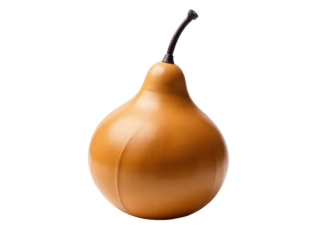 A brown pear sitting on a white surface