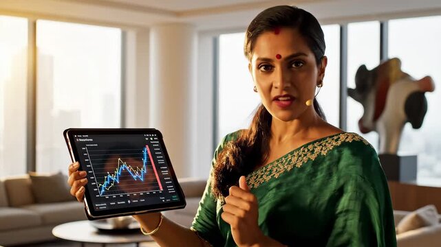 Woman presenting financial data on tablet in modern living room. Concept of economic analysis, investment strategies, and digital technology use for enhancing financial literacy.