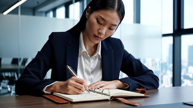 Woman writing notes in planner while sitting at desk with city skyline in background. Concept of business planning, productivity, and professional development.