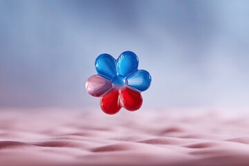 A colorful, glassy flower floats above a textured pink surface against a blurry blue backdrop