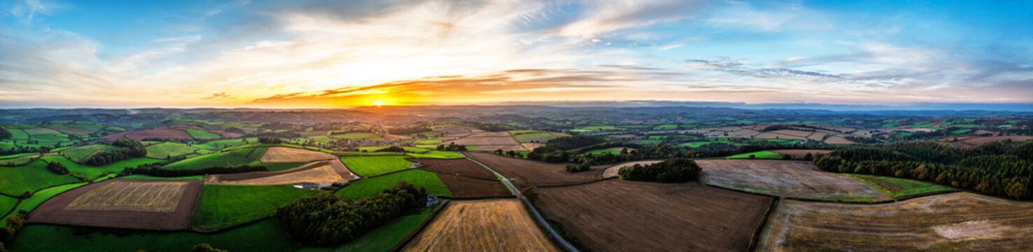 Colours of Sunset over Devon Farms and Fields, Berry Pomeroy from a drone, Totnes, England