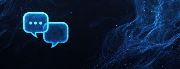 Two glowing blue speech bubbles against a dark, flowing blue nebula background