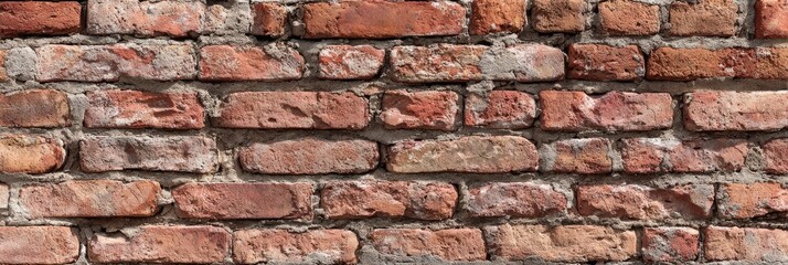 Obraz premium Aged brick wall section, with reddish-brown bricks and weathered grout