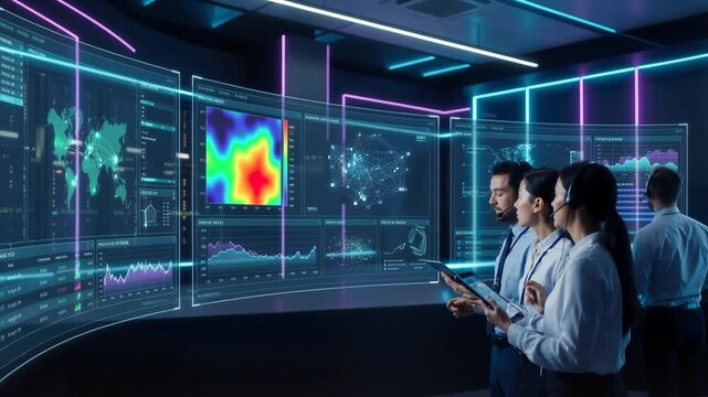 Cybersecurity experts analyzing real-time data and global maps on transparent digital screens. Professional operators wearing headsets in modern command center. Lockdown wide shot.