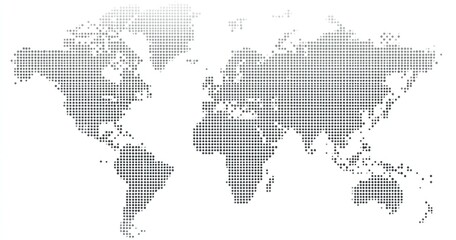 Dotted world map illustration on a white background, grayscale, gradient effect