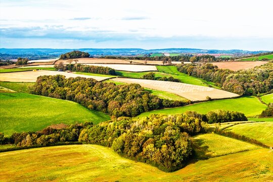 Colours of Devon Farms and Fields over Paignton and Berry Pomeroy from a drone, Totnes, England