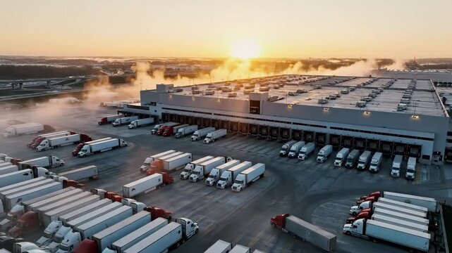 Aerial view of transportation hub with numerous trucks loading and unloading goods during sunrise. This image is ideal for logistics, supply chain management, or freight transportation themes.
