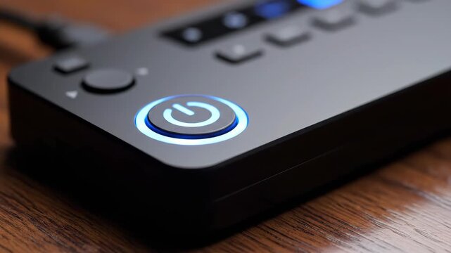 Close-up of power button on modern electronic device, showcasing sleek design and illuminated features. Concept of technology innovation, user interface, or smart devices.