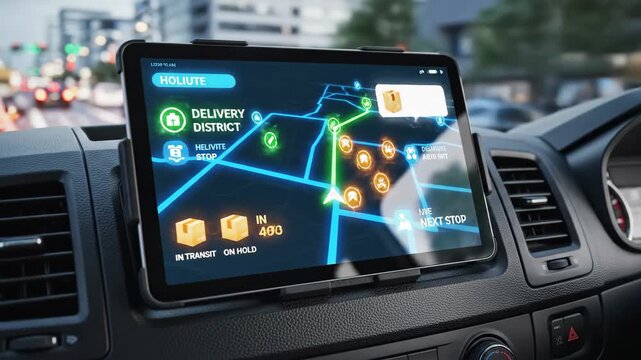 Navigation system displaying delivery routes and locations on tablet in vehicle. This scene represents concepts of logistics, transportation, and modern navigation technology.