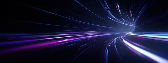 Light tunnel with violet, blue, and white streaks, against a dark backdrop