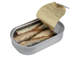 Open tin of sardines, silvery fish in oil
