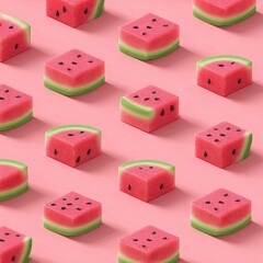 Square watermelon slices arranged in a grid on a pink background. Colorful, geometric, and fresh