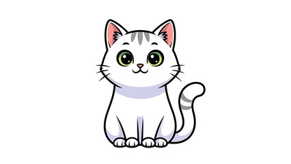 Fototapeta premium White cartoon cat with green eyes sitting isolated on a transparent background