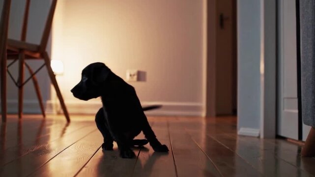 A black dog is sitting on a wooden floor in front of a chair