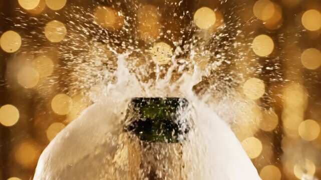 Champagne bottle popping open with splashing liquid, creating a celebratory scene. Perfect for festive occasions like New Year's Eve parties or celebrations, conveying joy and excitement.
