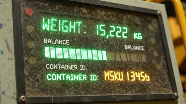 Digital display showing weight measurement of 15,222 kg on industrial scale, indicating container ID and balance status, useful for logistics and shipping management. Footage.