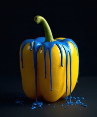 A yellow bell pepper has blue paint dripping down its sides, against a dark background