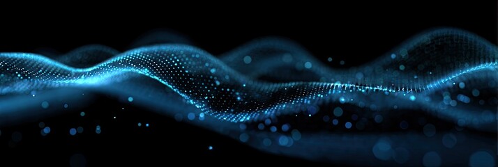 Digital abstract blue wave on black background with sparkling lights effect