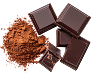 Dark chocolate squares and pile of cocoa powder