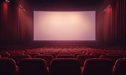 Obraz premium Empty theater shows a large screen and rows of plush red seating