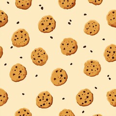 Obraz premium Seamless pattern of chocolate chip cookies on a light cream background