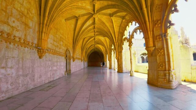 Lisbon, Portugal - July 6 2025: The cross arche structure in the cloister of Jer&oacute;nimos Monastery in Lisbon Portugal