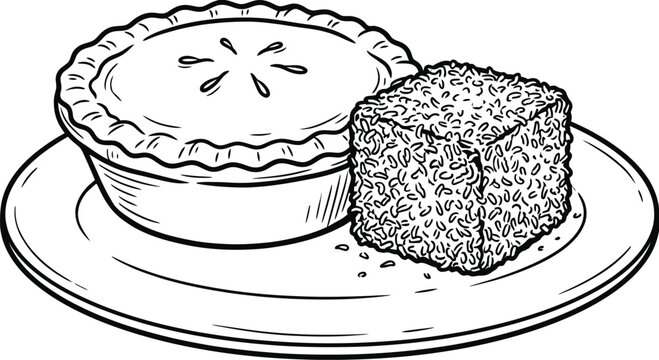 Meat pie and Lamington traditional Australian food illustration.
