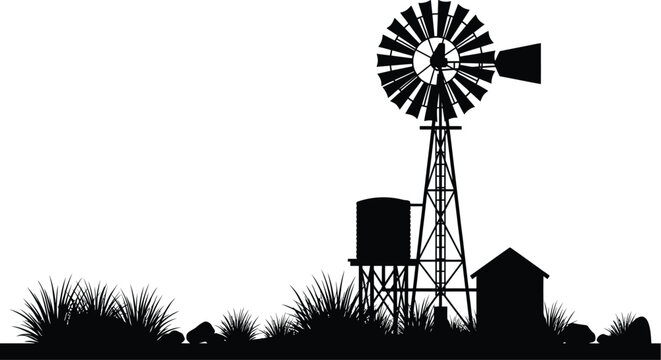 Outback Windmill Silhouette at Sunset Vector Art