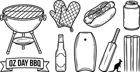 Australia Day BBQ Icons Set Vector Illustration