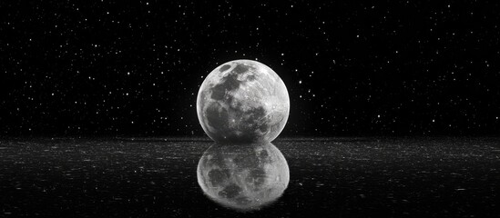 Moon reflection on dark water under a starry sky, in monochrome
