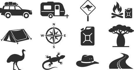Outback Australian Road Trip Vector Icon Set