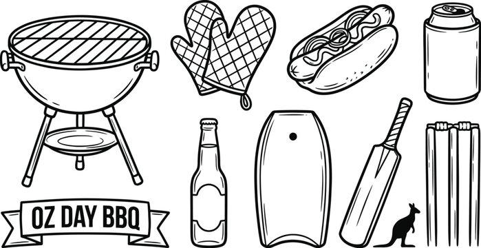 Australia Day BBQ Icons Set Vector Illustration